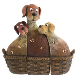 Dog family in a basket. Dogs fit together to create a solid ornament. Ethically sourced. Made of resin.