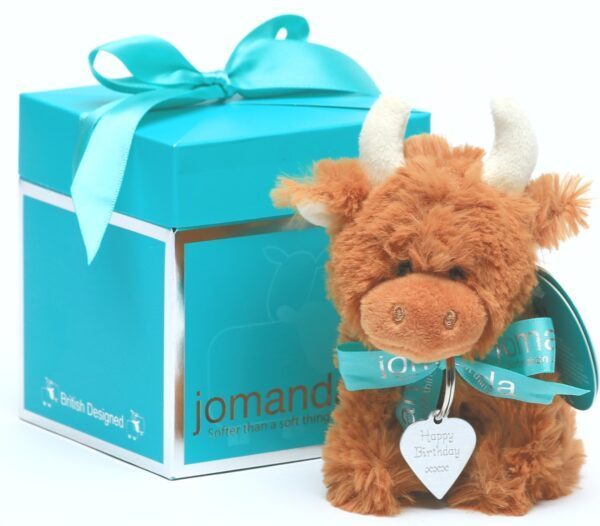 Scottish Mini Brown Highland Coo with Happy Birthday Engraved Keyring