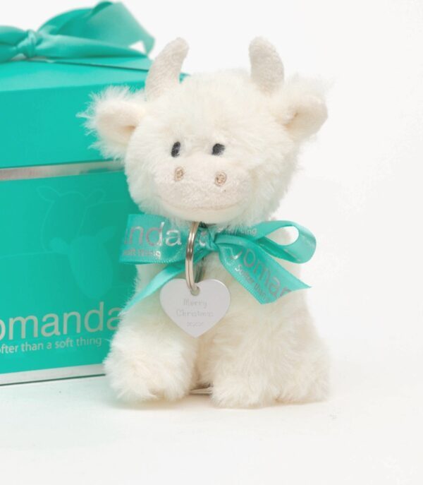Scottish Mini Cream Highland Coo with Happy Birthday Engraved Keyring