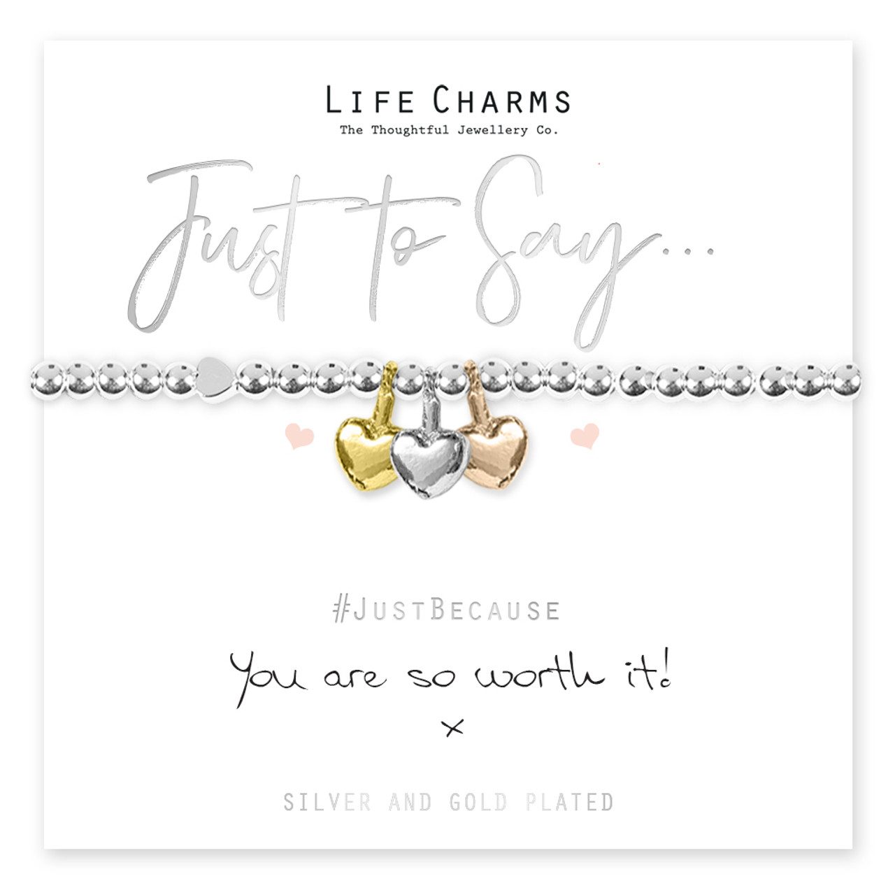 Gold and silver heart bracelet with a you re worth it inscription, set in a delicate setting