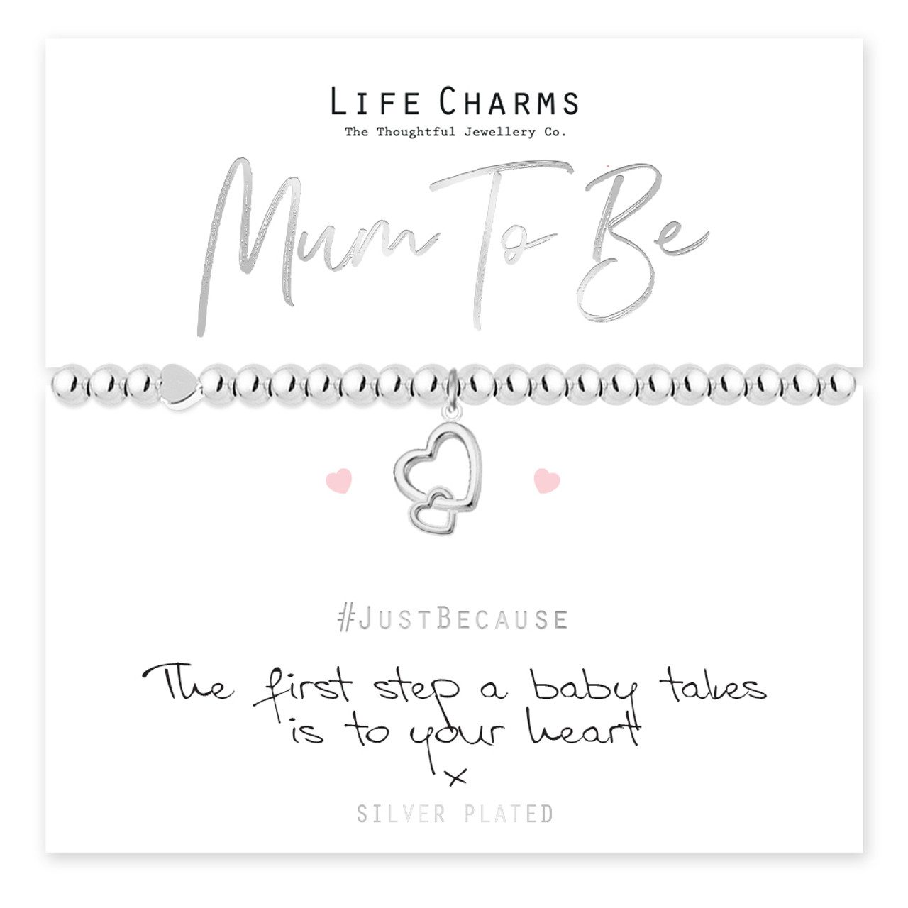 A sterling silver Mum To Be bracelet with a delicate charm, featuring a small heart design