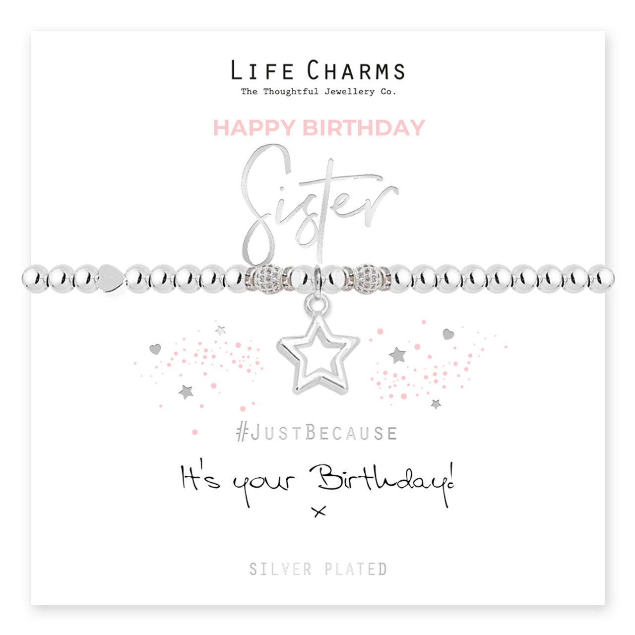 A close-up shot of a silver-plated charm bracelet featuring a star design, likely for a happy birthday sister gift