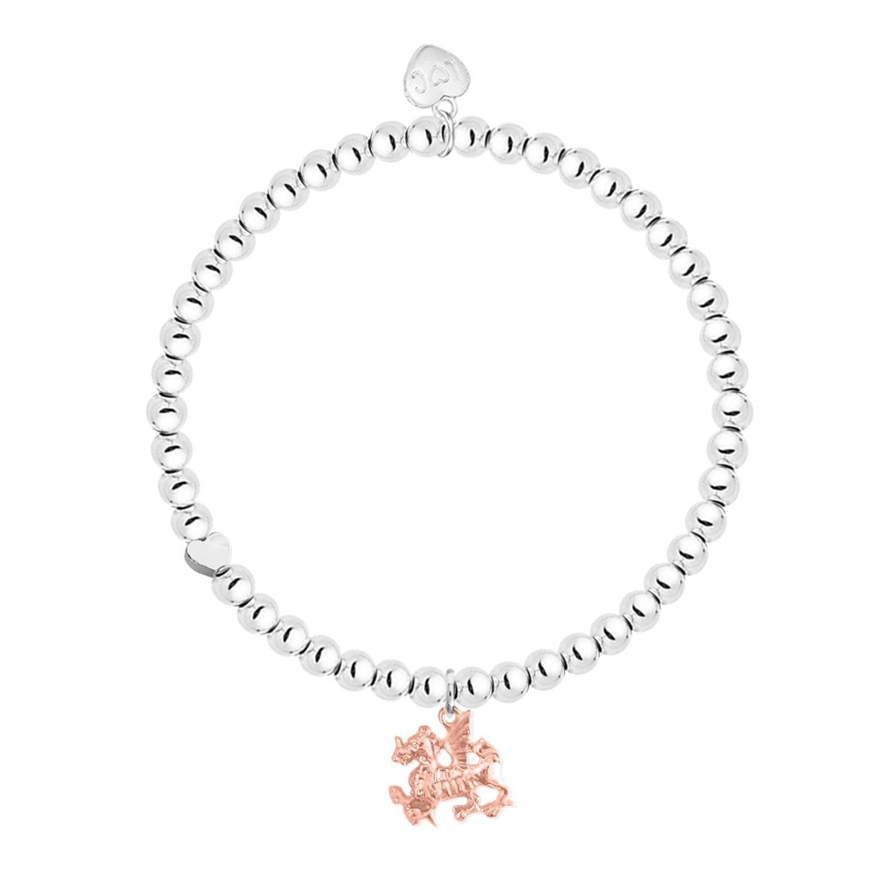 Rose gold Welsh dragon charm bracelet, featuring a detailed red dragon design set in a silver setting