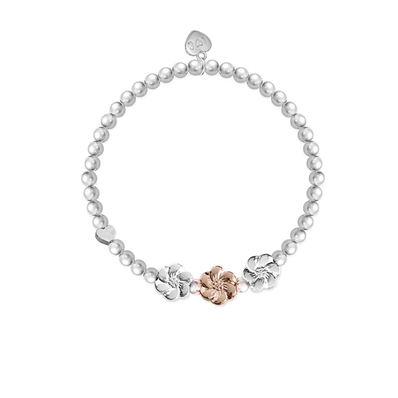 Silver and rose gold Welsh Diolch thank you necklace with white and rose gold beads