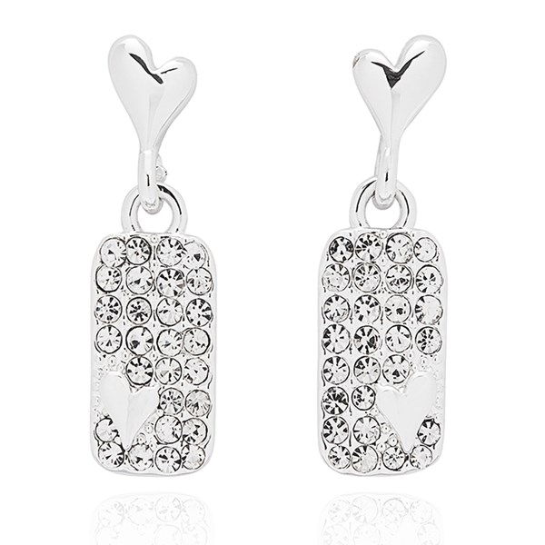 Silver plated crystal heart drop earrings on white background Gift boxed silver plated earrings with crystal detail