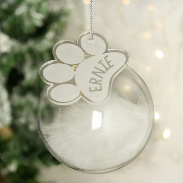 Personalised Pets White Feather Glass Bauble With Paw Print Tag - Image 2