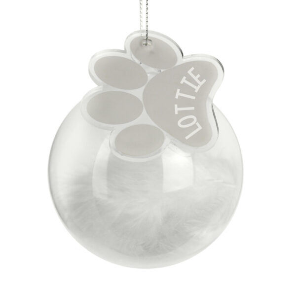 Personalised Pets White Feather Glass Bauble With Paw Print Tag - Image 4