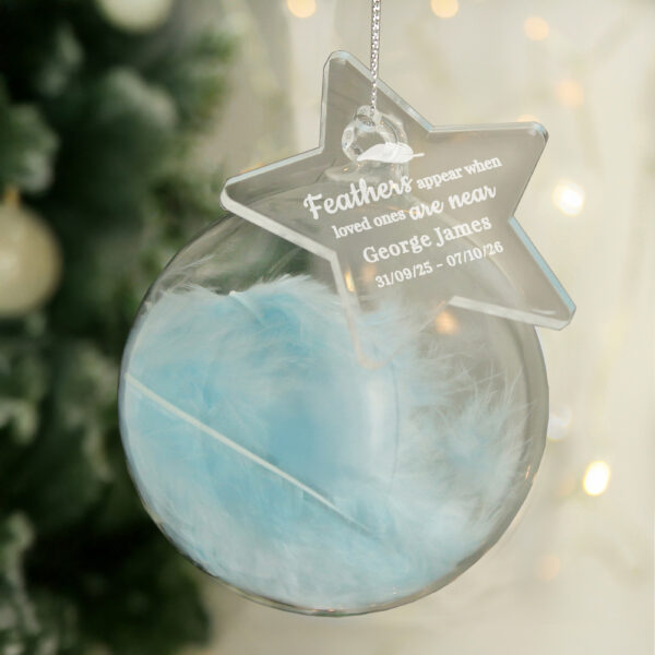 Personalised Blue Memorial Feather Bauble - Image 2