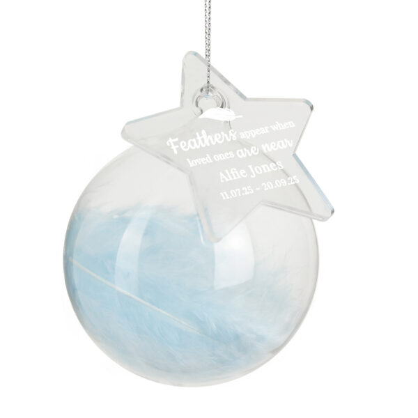 Personalised Blue Memorial Feather Bauble - Image 3