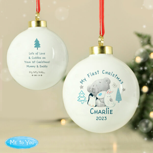 Personalised Winter Explorer First Christmas Tiny Tatty Teddy Bauble - Image 2