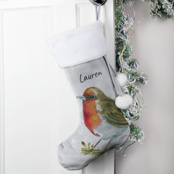 Personalised Robin Silver Grey Stocking - Image 4