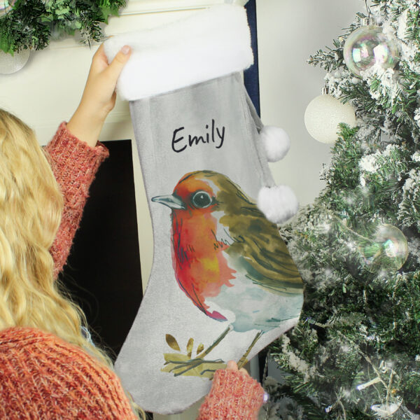 Personalised Robin Silver Grey Stocking - Image 3