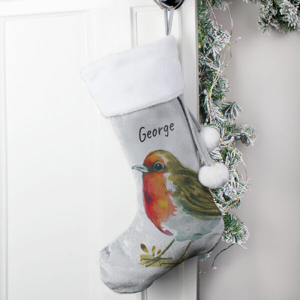 Personalised Robin Silver Grey Stocking - Image 5