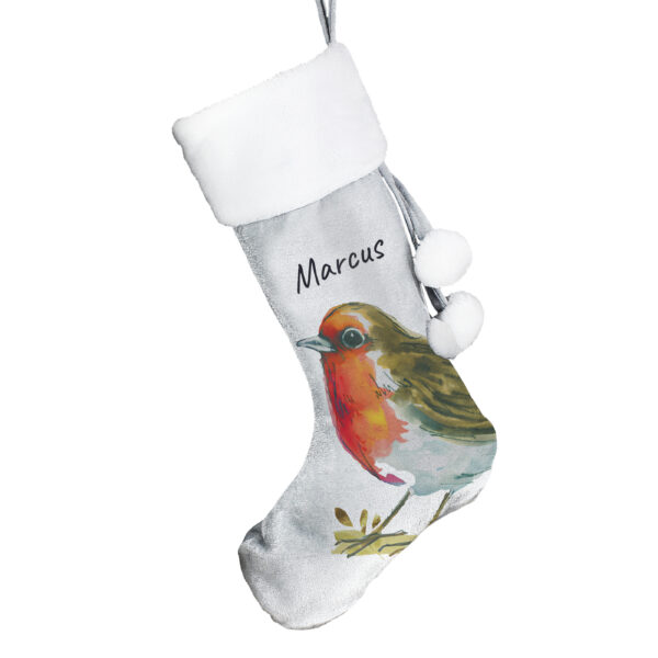 Personalised Robin Silver Grey Stocking - Image 2