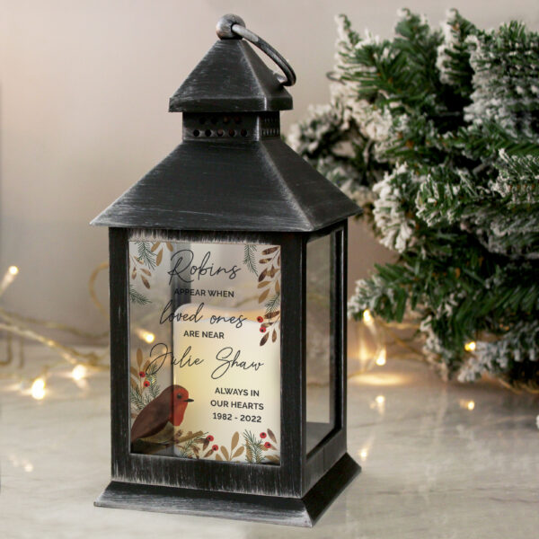 Personalised Robins Appear.. Memorial Black Lantern - Image 2