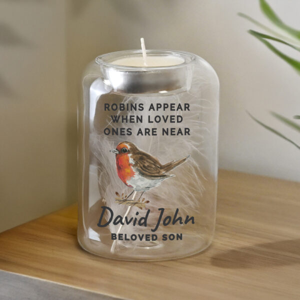 Personalised Robin Memorial Feather Tealight Holder - Image 2