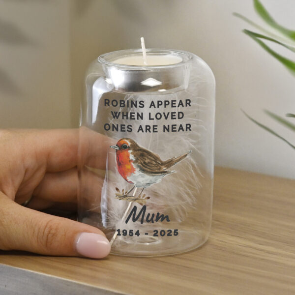 Personalised Robin Memorial Feather Tealight Holder - Image 4