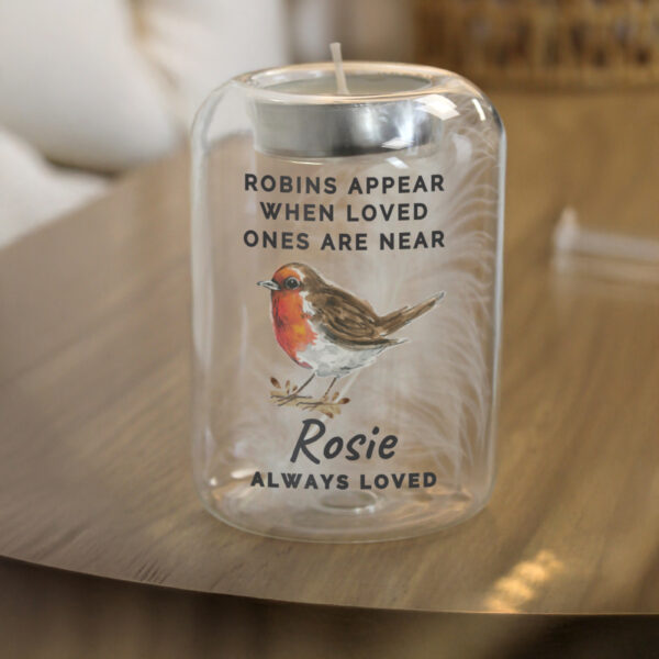 Personalised Robin Memorial Feather Tealight Holder - Image 5