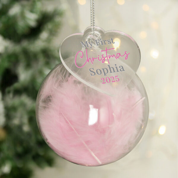 Personalised My 1st Christmas Pink Feather Bauble - Image 3