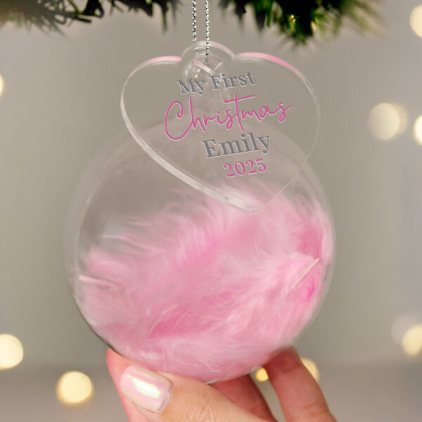 Personalised My 1st Christmas Pink Feather Bauble - Image 2