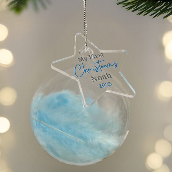 Personalised My 1st Christmas Blue Feather Bauble - Image 3