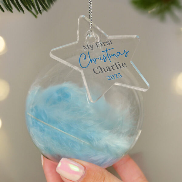 Personalised My 1st Christmas Blue Feather Bauble - Image 4