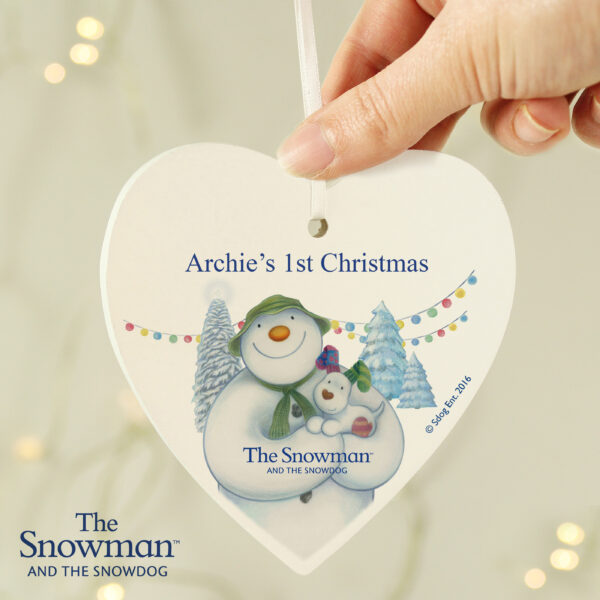 Personalised The Snowman and the Snowdog Wooden Heart Decoration - Image 4