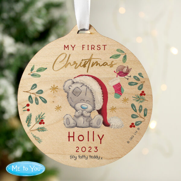 Personalised First Christmas Tiny Tatty Teddy Round Wooden Decoration - Image 4