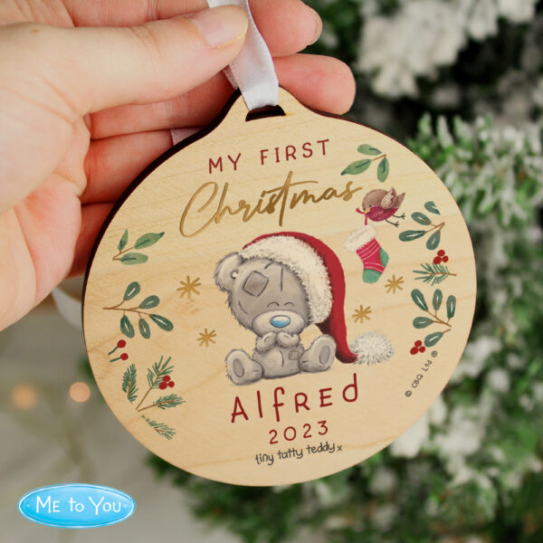 Personalised First Christmas Tiny Tatty Teddy Round Wooden Decoration - Image 2