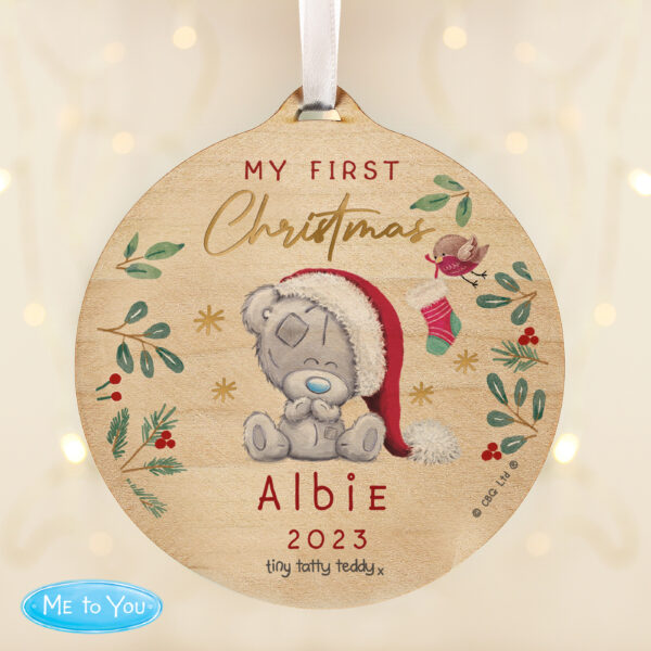 Personalised First Christmas Tiny Tatty Teddy Round Wooden Decoration - Image 3