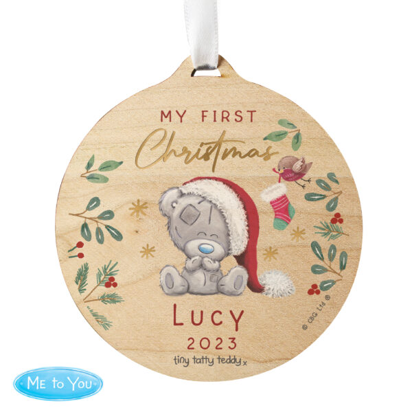 Personalised First Christmas Tiny Tatty Teddy Round Wooden Decoration - Image 5