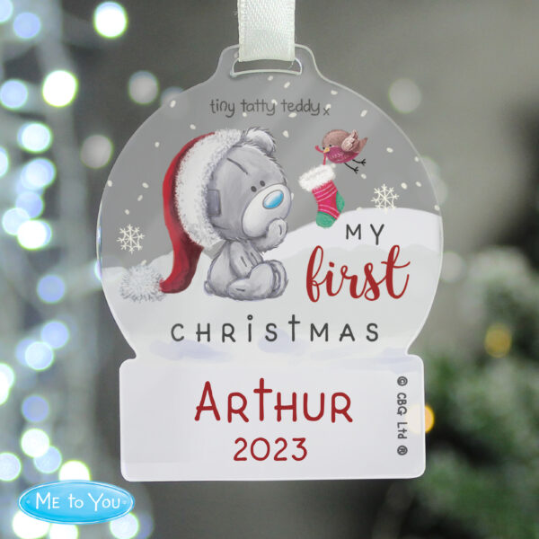 Personalised First Christmas Tiny Tatty Teddy Acrylic Snow Globe Decoration - Image 2