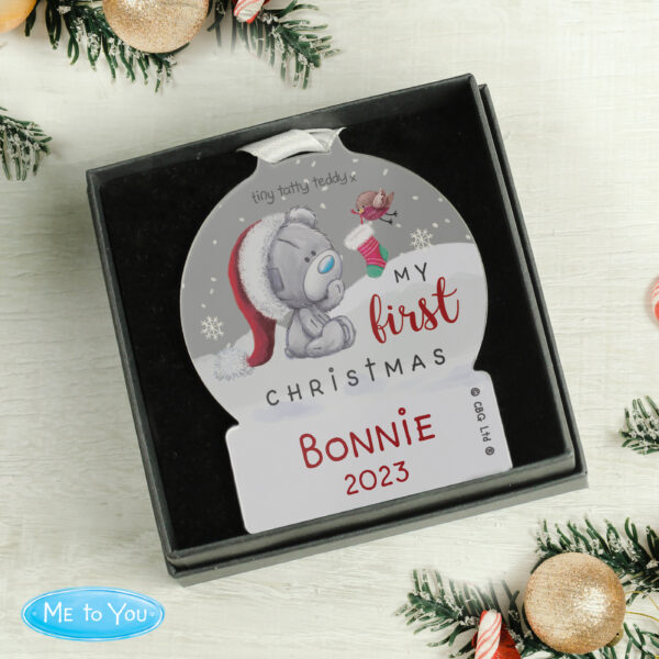 Personalised First Christmas Tiny Tatty Teddy Acrylic Snow Globe Decoration - Image 4