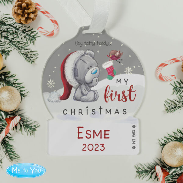 Personalised First Christmas Tiny Tatty Teddy Acrylic Snow Globe Decoration - Image 6