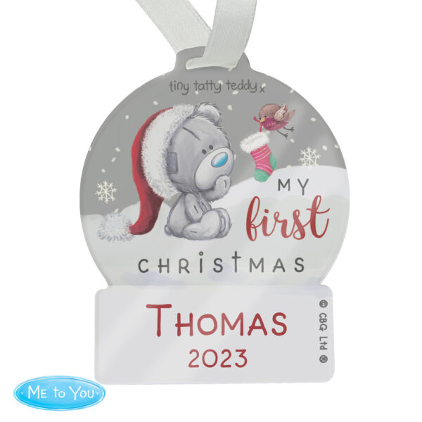 Personalised First Christmas Tiny Tatty Teddy Acrylic Snow Globe Decoration - Image 3