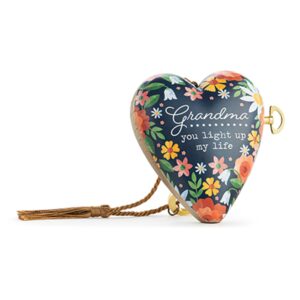 Heart-shaped musical keepsake with navy blue background, colourful floral design, and the words “Grandma, you light up my life.” Includes gold key and tassel.