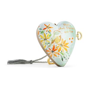 Gift boxed heart-shaped musical ornament with floral and bird design and the message ‘that’s what friends are for.’ Part of the Musical Art Hearts collection.”