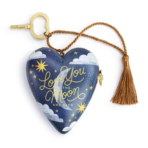 Heart-shaped musical keepsake with navy blue night-sky design, golden stars and clouds, featuring the words “Love You to the Moon and Back.” Includes a gold key and tassel, plays “Fly Me to the Moon.”