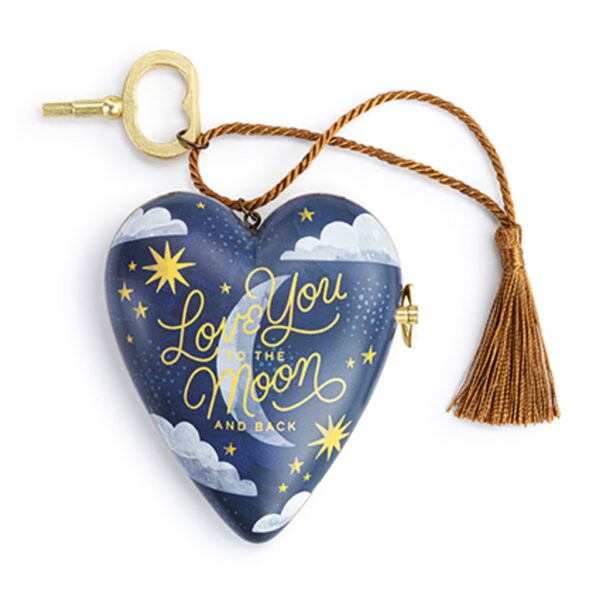 Heart-shaped musical keepsake with navy blue night-sky design, golden stars and clouds, featuring the words “Love You to the Moon and Back.” Includes a gold key and tassel, plays “Fly Me to the Moon.”