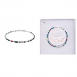 White product shot of a silver baguette bracelet with pink, green, and clear crystals set in a prong setting, displayed on a