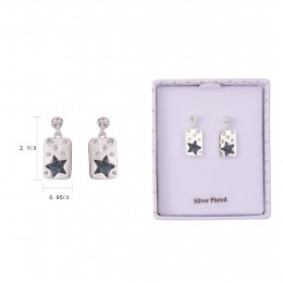 White and silver star drop earrings with a clear setting and EQ LUXE branding