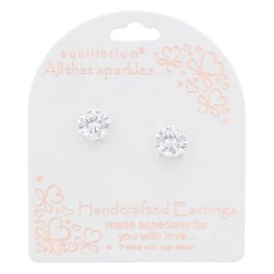 Round solitaire silver plated stud earrings with sparkling clear crystals displayed on “All That Sparkles” Equilibrium card