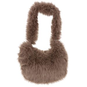 Mocha faux fur banana-shaped handbag with soft fluffy texture and shoulder strap