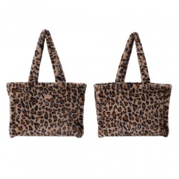 Tan leopard print tote bag with visible handles, featuring a soft, plush material