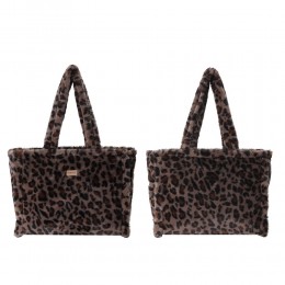 Dark brown leopard print faux fur tote bag with a structured design and visible brand logo