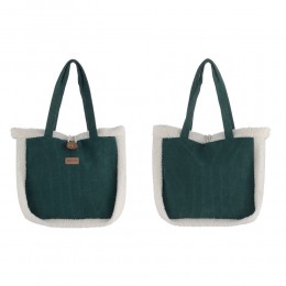 Dark teal corduroy tote bag with a white faux fur trim and a subtle brand tag