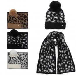 Soft, black and white leopard print box hat scarf with a white ribbed trim