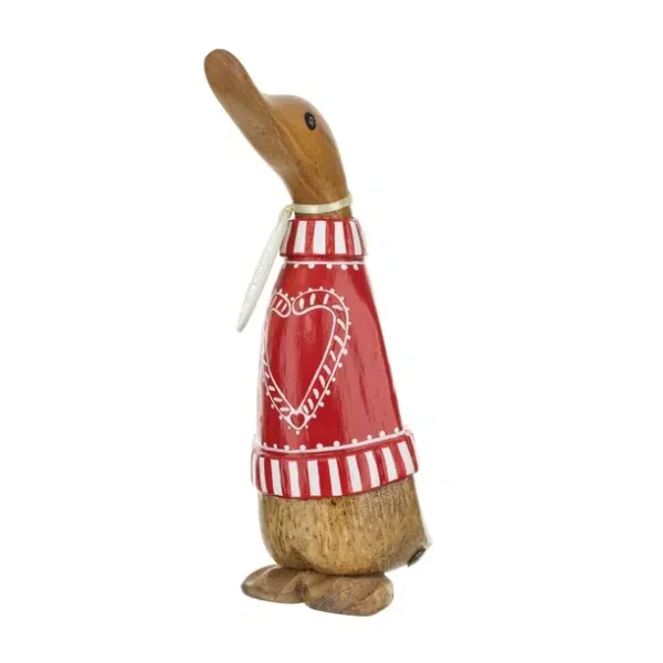 Hand-carved DCUK wooden duck wearing a red jumper with a white stitched heart design, made from natural bamboo root with unique wood grain and pose.