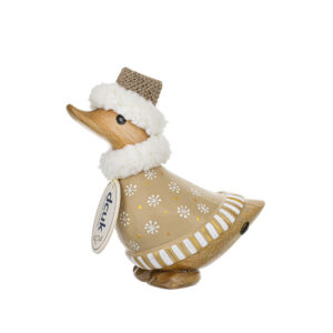 Hand-carved DCUK Gilded Caramel Christmas Ducky wearing a fluffy festive hat and gold snowflake coat, wooden Christmas decoration handcrafted from bamboo root.