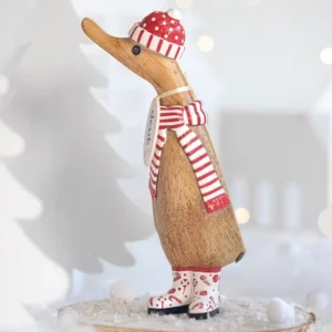 Hand-carved DCUK Christmas duck wearing a red and white candy cane hat, striped scarf, and matching boots made from natural bamboo wood.